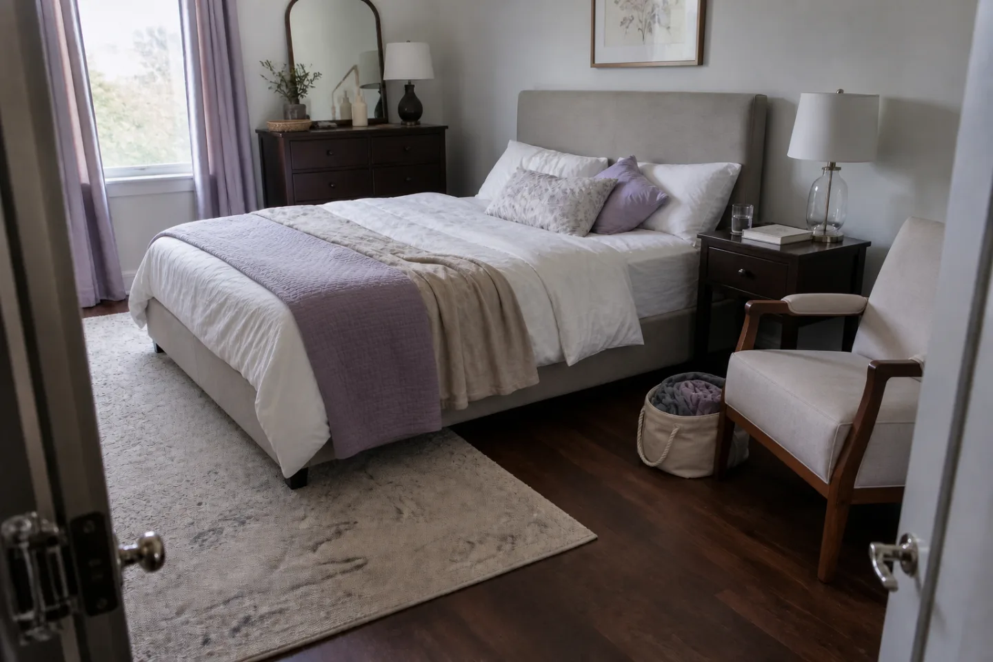 Primary bedroom after a realistic good-enough reset